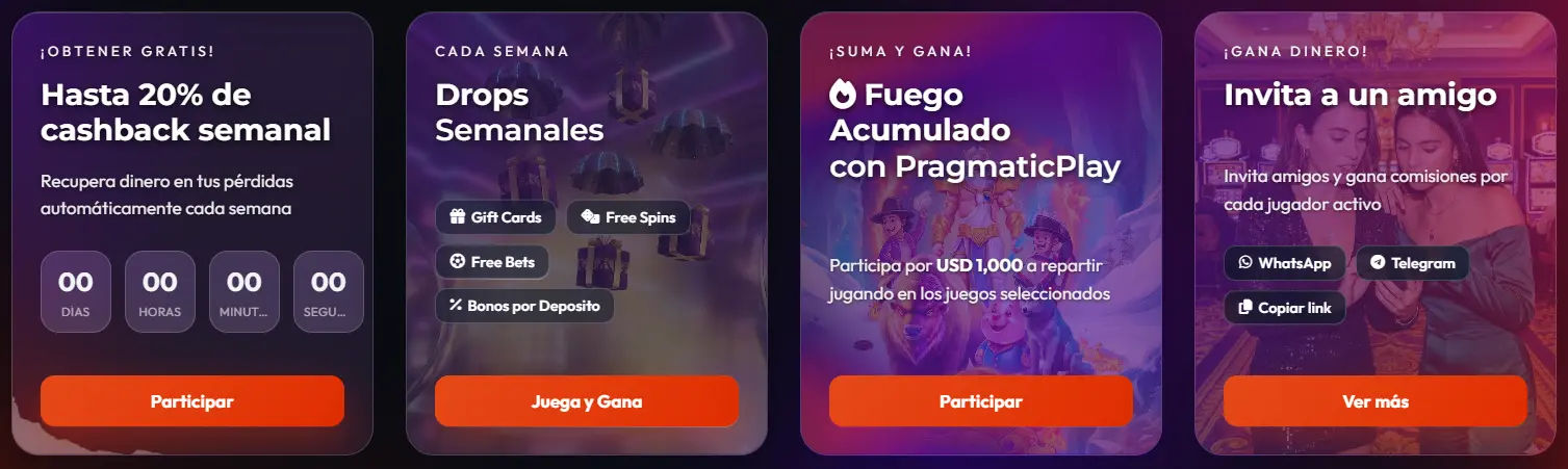 Tarjetas de cashback, drops semanales, Fuego Acumulado y referidos de Bet4Win